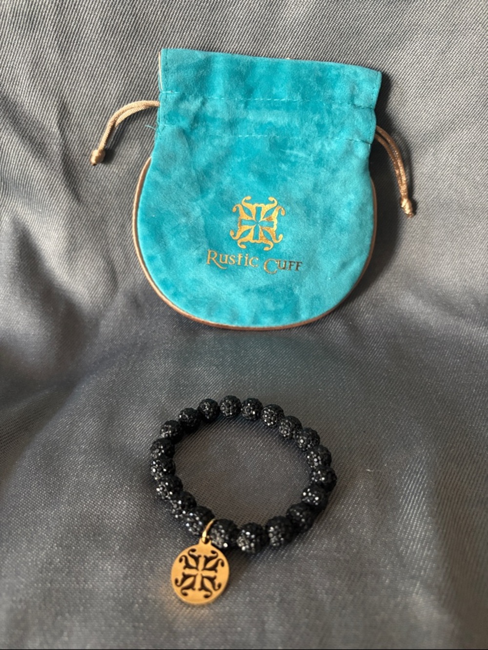 Rustic Cuff Black Beaded Stretch Bracelet with Gold Disc Charm